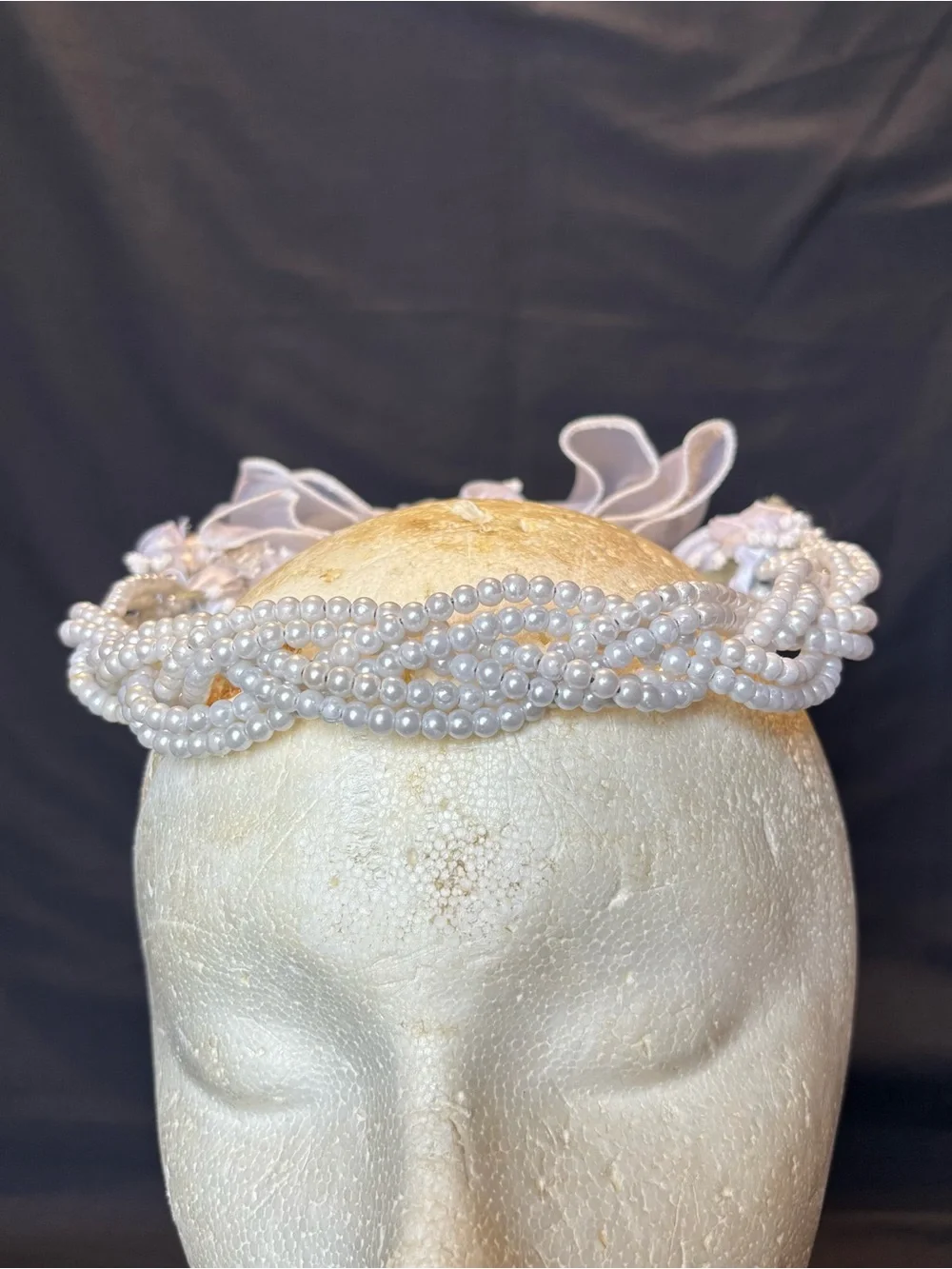 First Comunion, Wedding White Faux Pearls Braided Headband Crown w/Sheer Ribbon